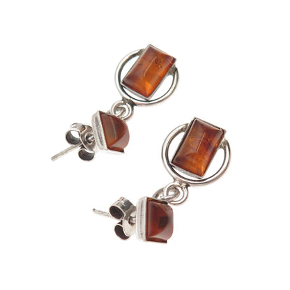 925 Sterling Silver Vintage Real Amber Modernist Oxidized Dangle Earrings