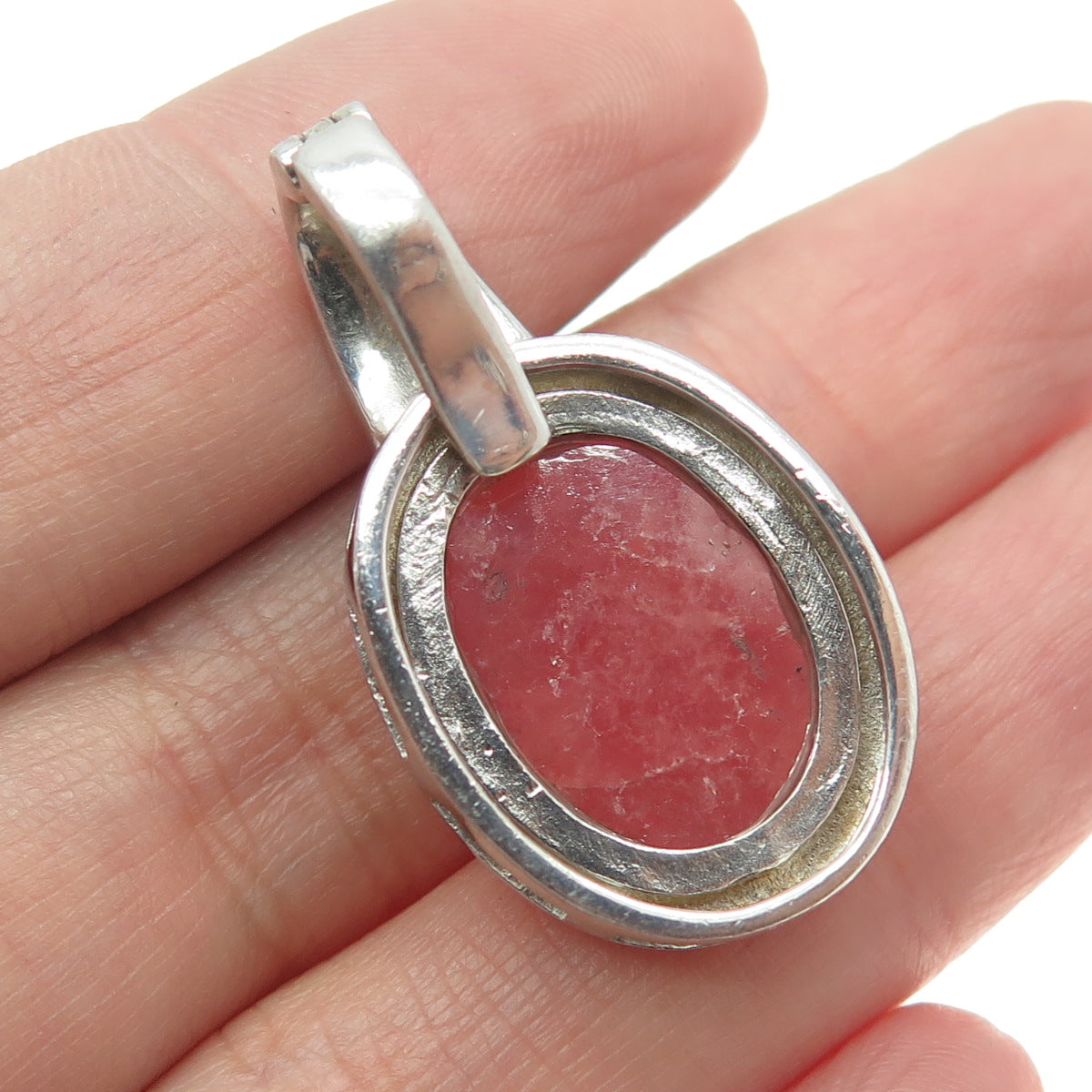 925 Sterling Silver Vintage Real Cabochon Cherry Pink Quartz Charm Pendant