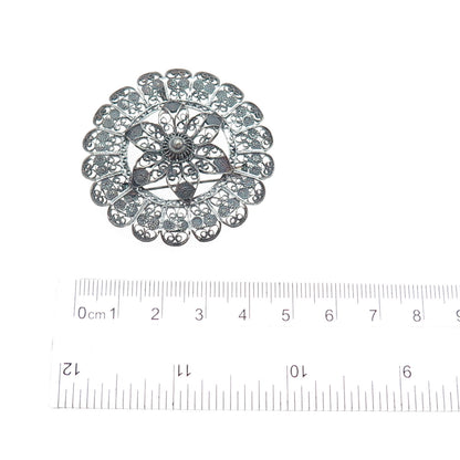 900 Silver Antique Art Deco Flower Filigree Oxidized Pin Brooch / Pendant