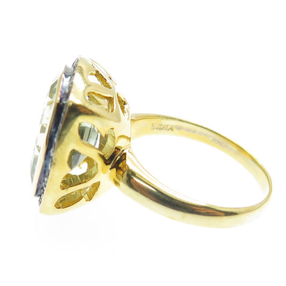 925 Sterling Silver Gold Plated Real Diamond & Green Amethyst Ring Size 6.75