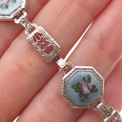 925 Sterling Antique Art Deco Enamel Floral Filigree Bracelet 7.25" missing lock