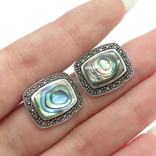 925 Sterling Silver Vintage Real Abalone Shell & Marcasite Earrings