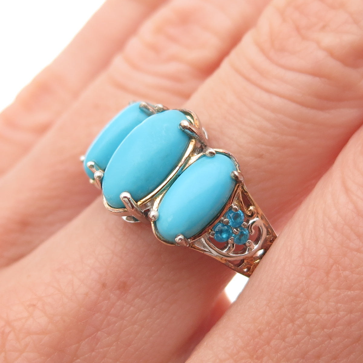 D'Joy 925 Sterling 2-Tone Real Sleeping Beauty Turquoise & Apatite Ring Size 8