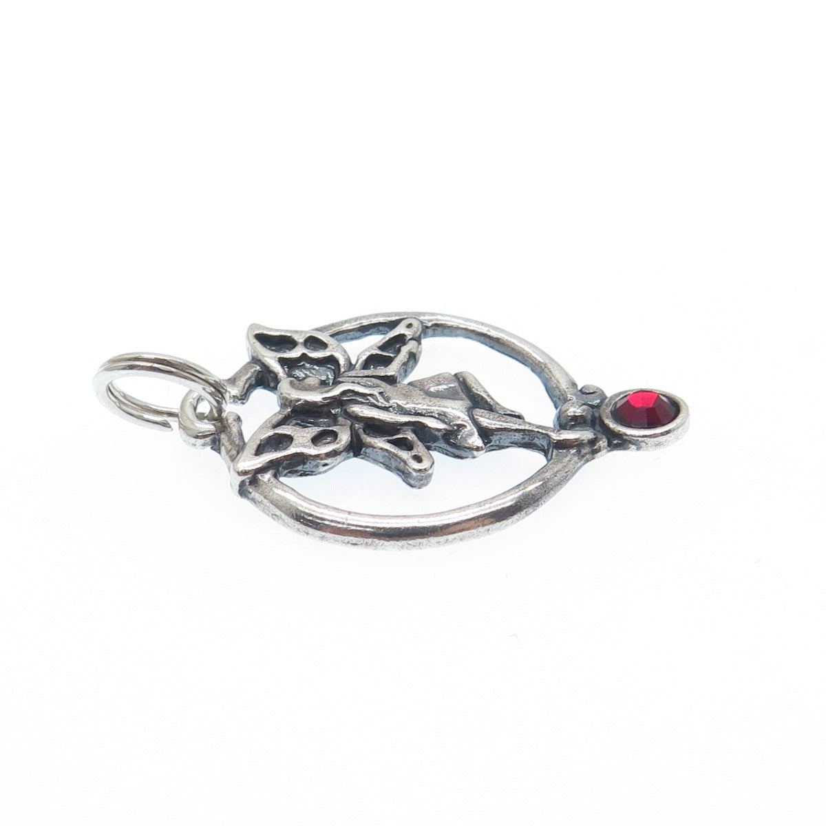 SHUBE 925 Sterling Silver Vintage Red Rhinestone Fairy Oxidized Charm Pendant