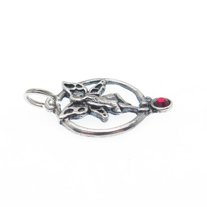 SHUBE 925 Sterling Silver Vintage Red Rhinestone Fairy Oxidized Charm Pendant