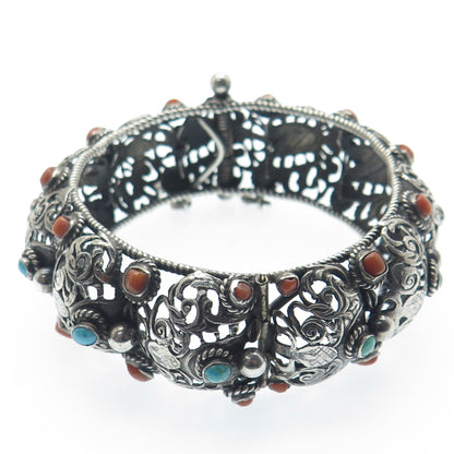 925 Sterling Silver Antique Real Turquoise Coral Floral Oxidized Bracelet 7.75"