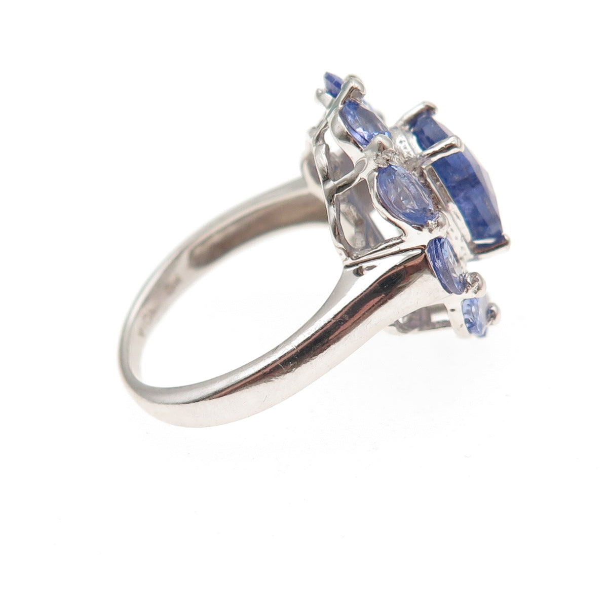 925 Sterling Silver Real Oval-Cut Tanzanite & Round-Cut White Topaz Ring Size 6