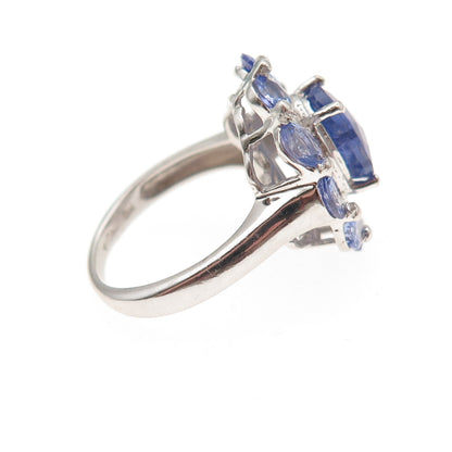 925 Sterling Silver Real Oval-Cut Tanzanite & Round-Cut White Topaz Ring Size 6