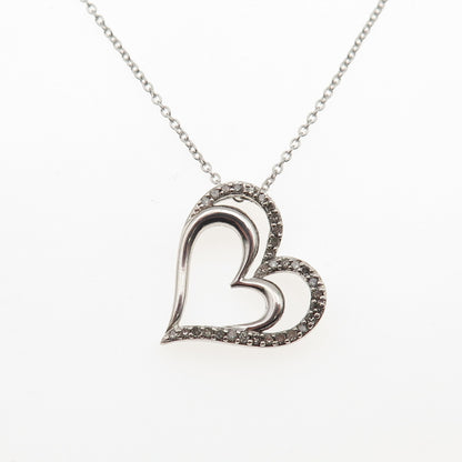 925 Sterling Silver Real Round-Cut Diamond Heart Cable Chain Necklace 18"