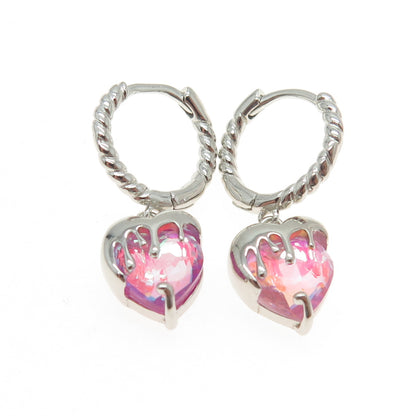 925 Sterling Silver Real Pink Opal Gemstone Heart Dangle Huggie Earrings