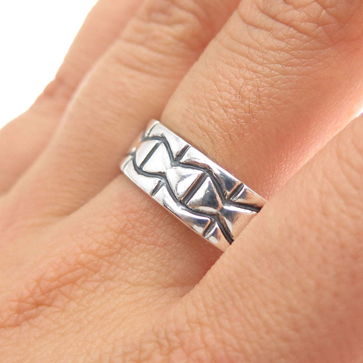 925 Sterling Silver Vintage Mexico Modernist Oxidized Band Ring Size 13.5