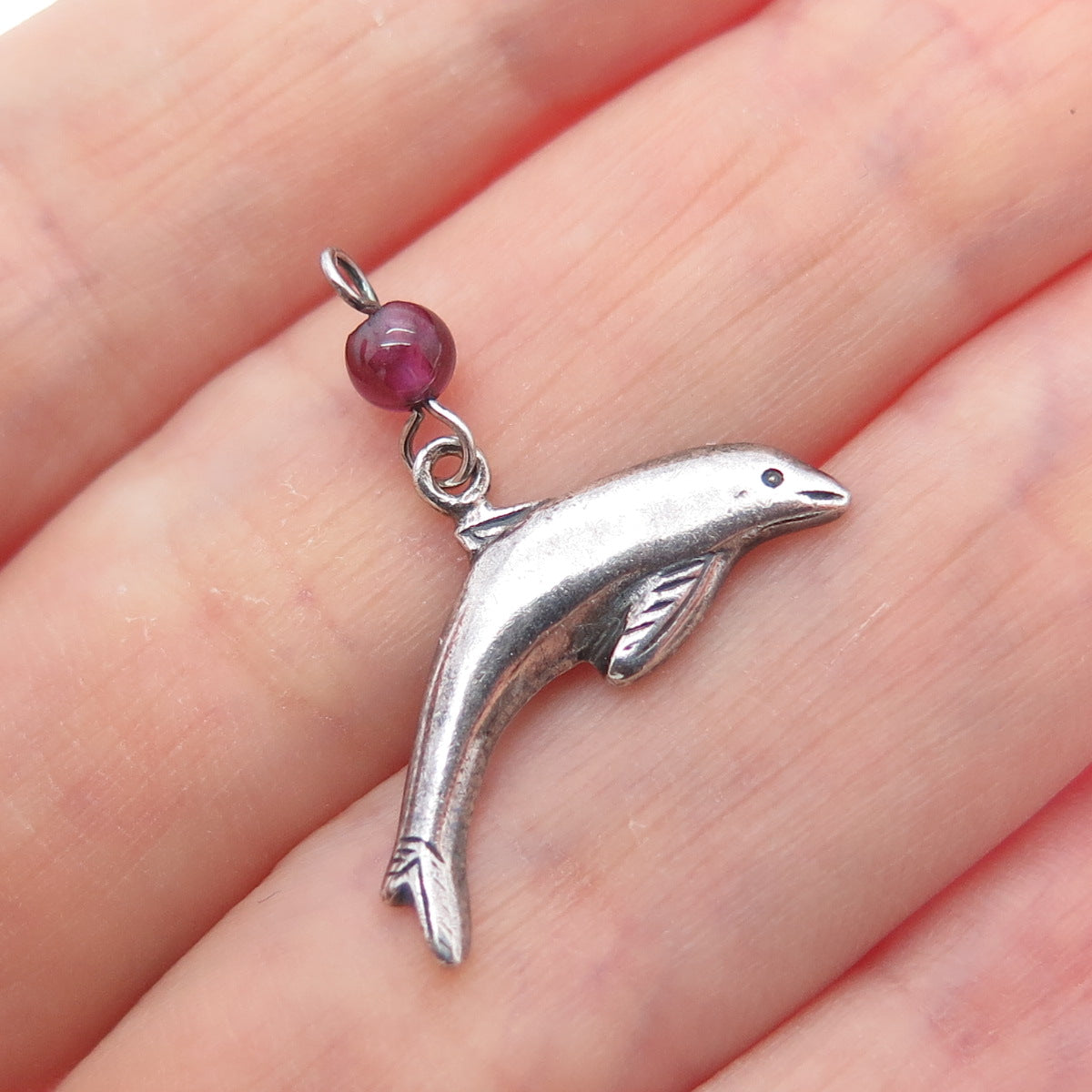 BOMA 925 Sterling Silver Vintage Real Tourmaline Dolphin Charm Pendant