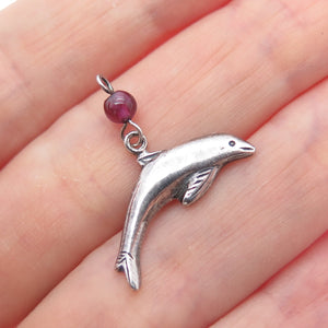BOMA 925 Sterling Silver Vintage Real Tourmaline Dolphin Charm Pendant