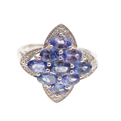 925 Sterling Silver Real Oval-Cut Tanzanite Round-Cut White Topaz Ring Size 8.25