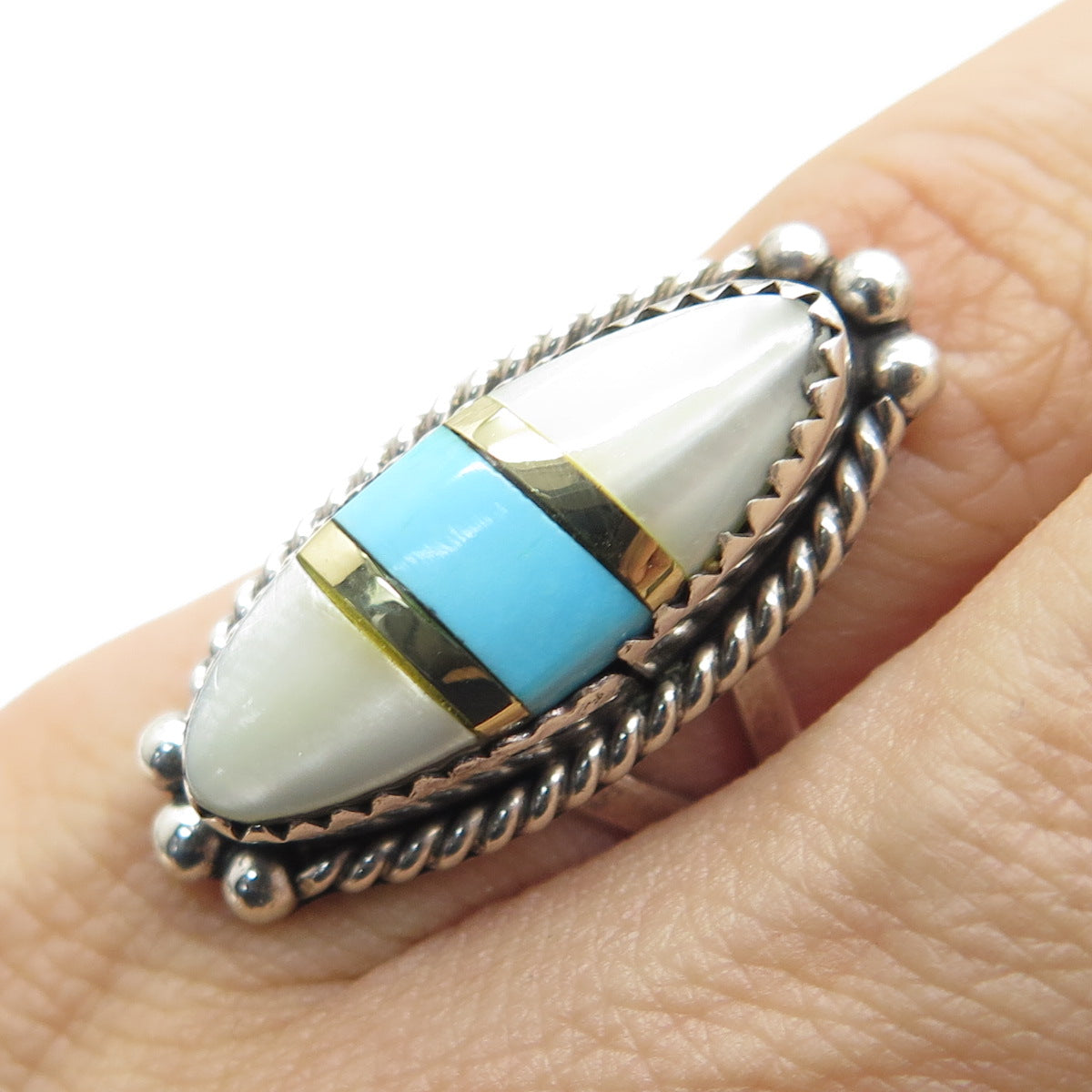 JONATHAN BEYUKA ZUNI Old Pawn 925 Sterling 2-Tone Turquoise & MOP Ring Size 4.75