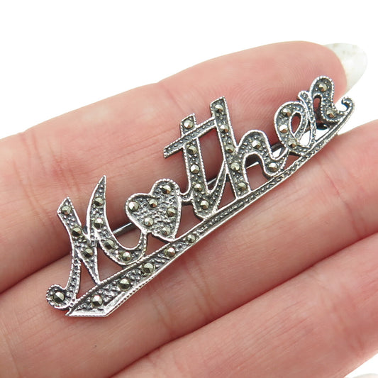 925 Sterling Silver Vintage Real Marcasite Gemstone "Mother" Pin Brooch