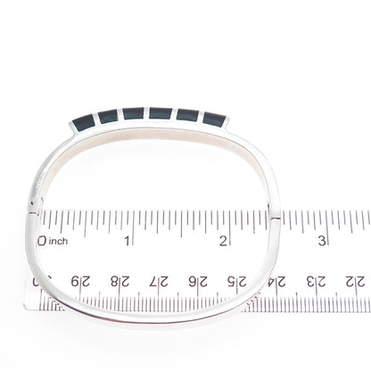 925 Sterling Silver Vintage Mexico Real Black Onyx Modernist Bangle Bracelet 7"