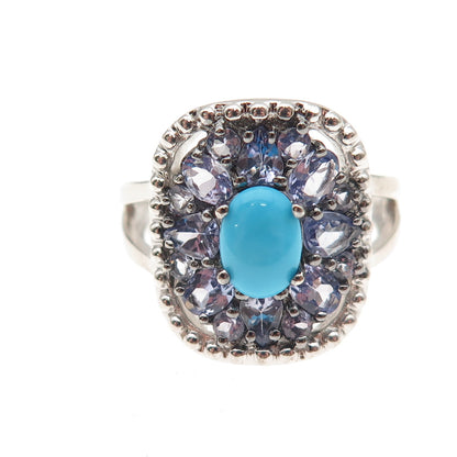 925 Sterling Silver Real Turquoise & Tanzanite Floral Ring Size 7.25