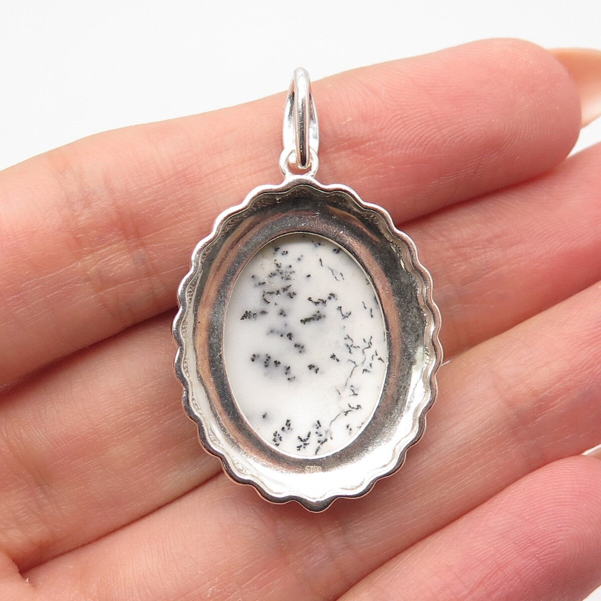 925 Sterling Silver Vintage Real Dendritic Agate Gem Oval Pendant
