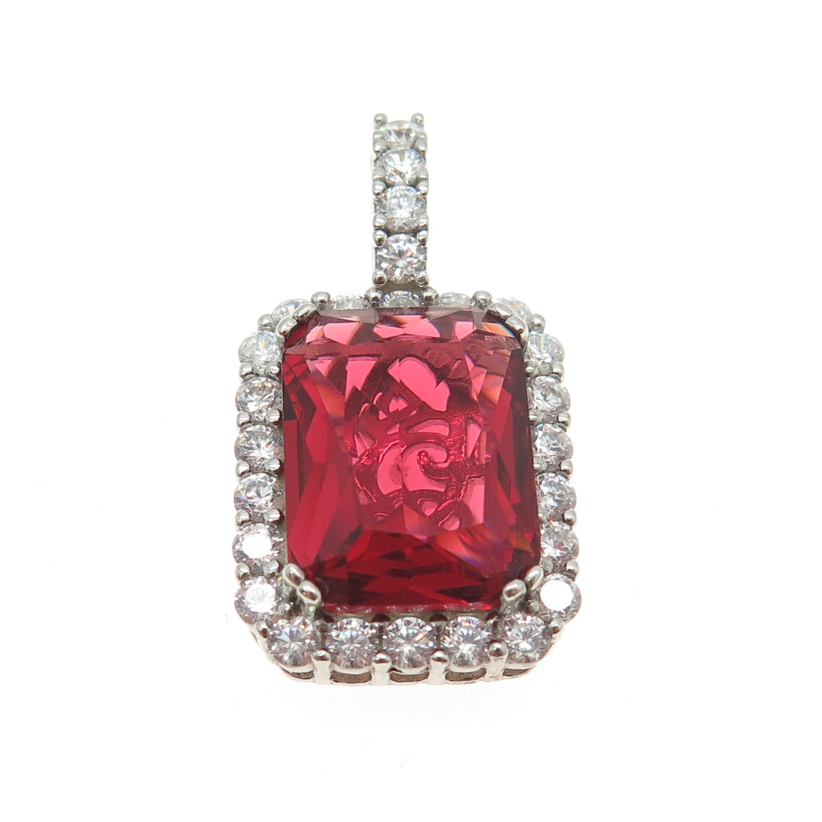 925 Sterling Silver Radiant-Cut Red Glass & Round-Cut C Z Pendant