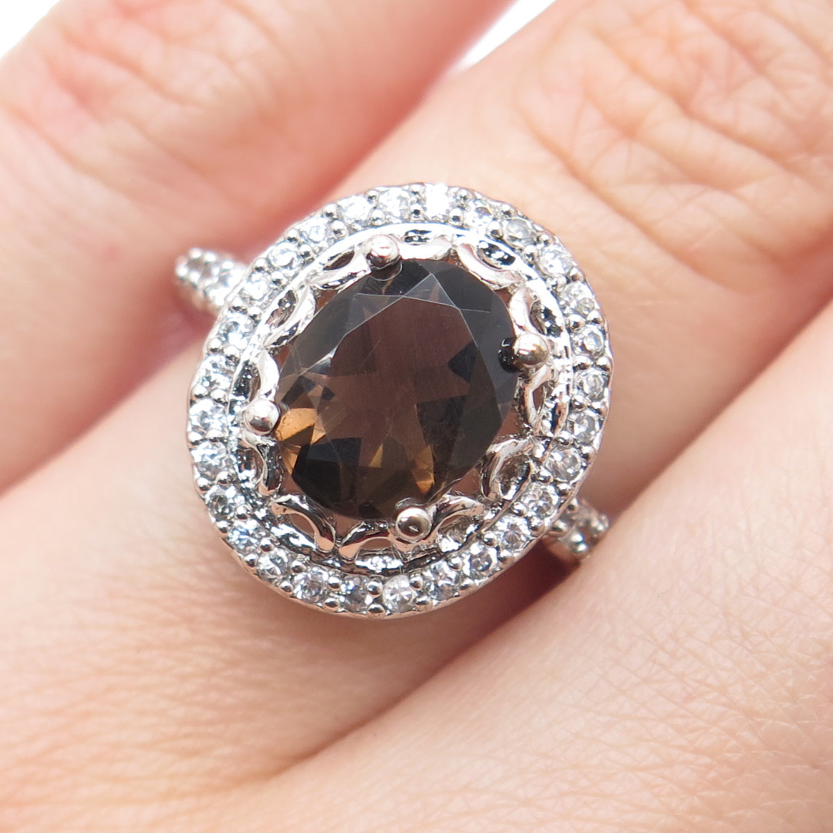 925 Sterling Silver Real Oval-Cut Smoky Quartz & Round-Cut C Z Ring Size 6.75
