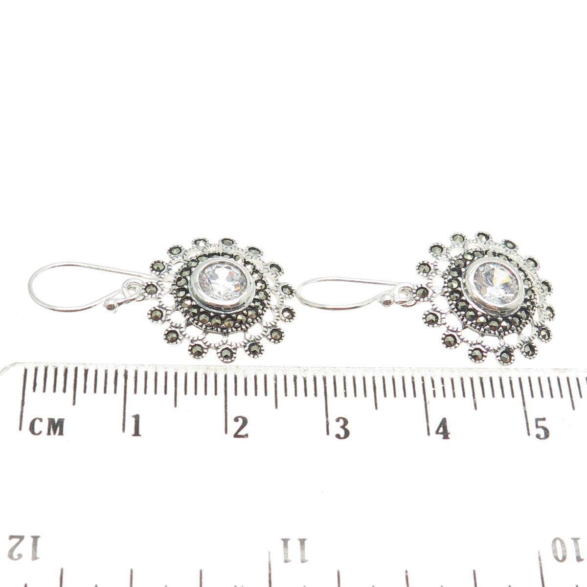 925 Sterling Silver Real Marcasite & Round-Cut C Z Floral Dangling Earrings