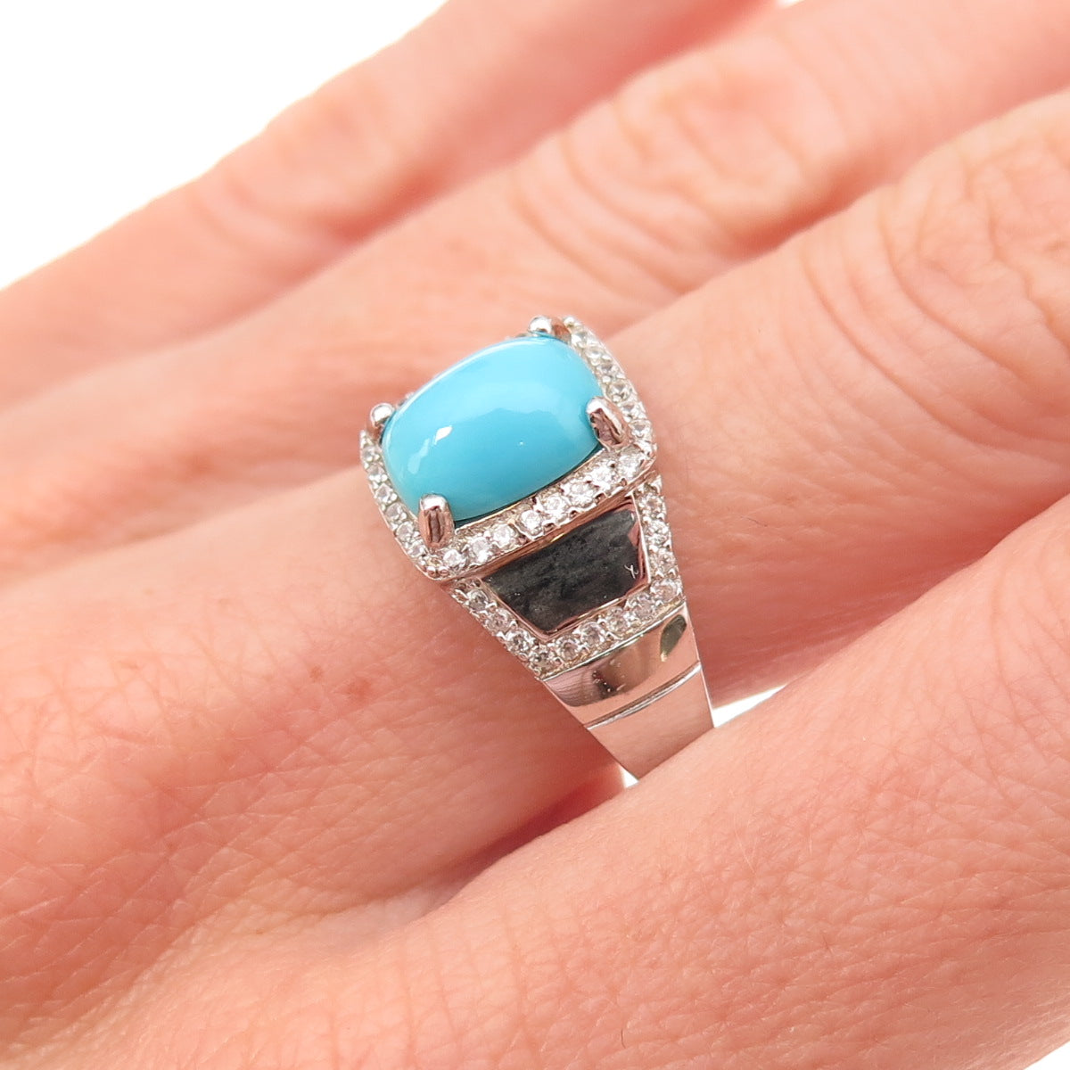 925 Sterling Silver Real Sleeping Beauty Turquoise & White Topaz Ring Size 8.25