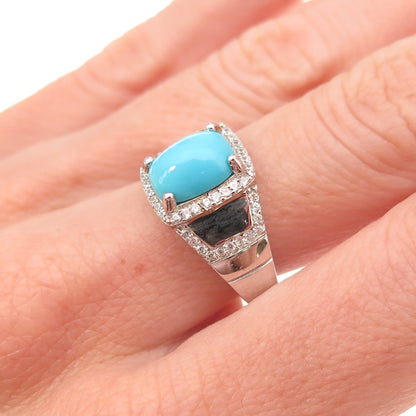 925 Sterling Silver Real Sleeping Beauty Turquoise & White Topaz Ring Size 8.25