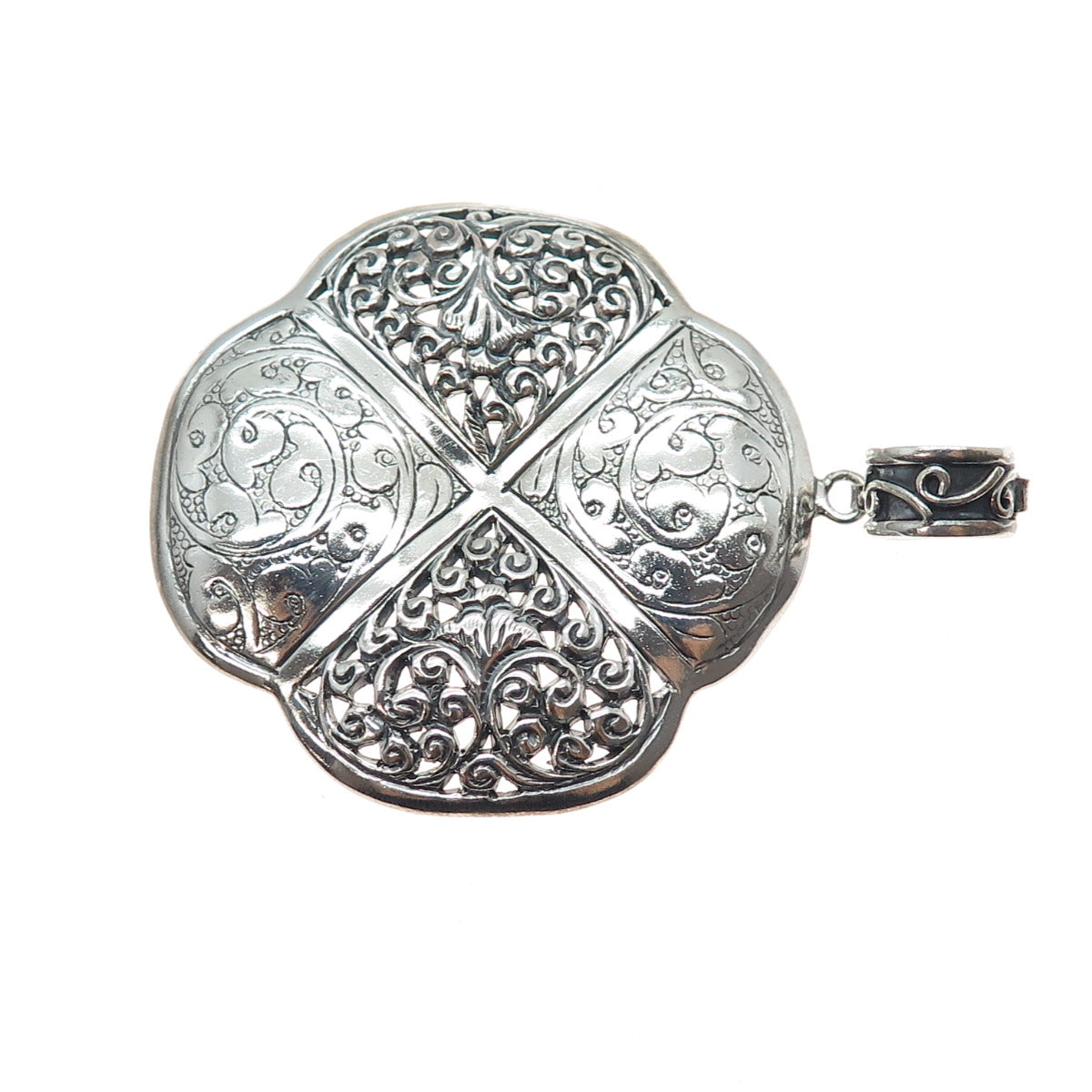 925 Sterling Silver Vintage Engraved Flower Ornate Oxidized Large Pendant
