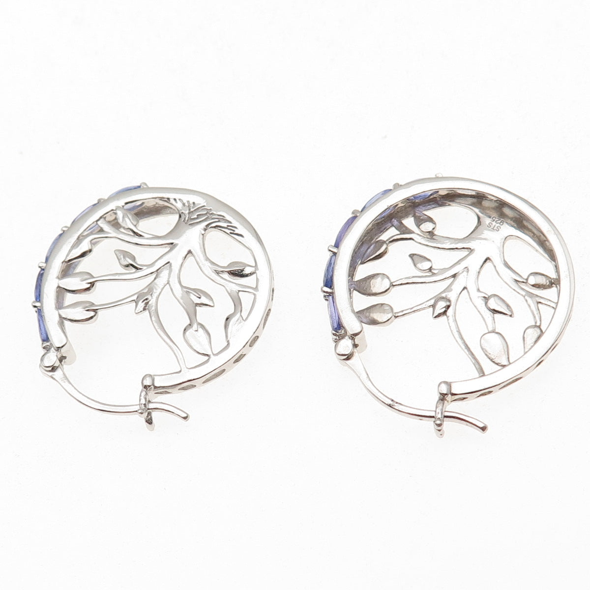 Chuck Clemency 925 Sterling Silver Real Oval-Cut Tanzanite Tree of Life Earrings