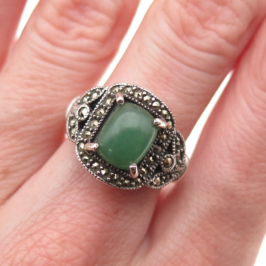 925 Sterling Silver Vintage Real Aventurine & Marcasite Oxidized Ring Size 6