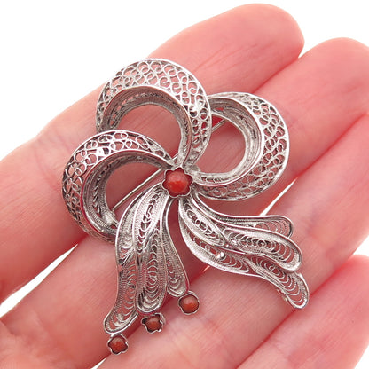 800 Silver Antique Art Deco Real Coral Floral Filigree Pin Brooch
