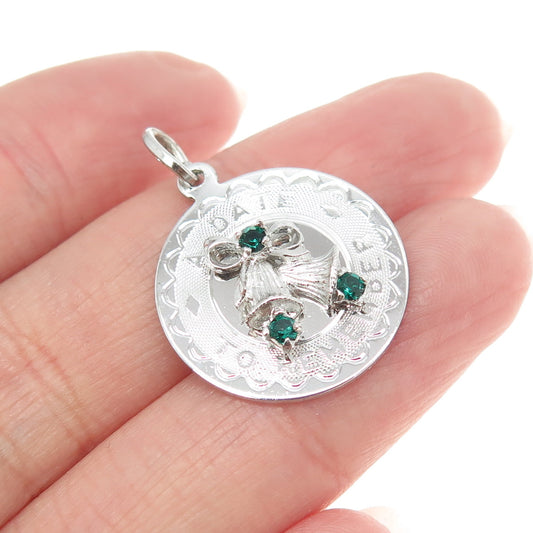 925 Sterling Silver Vintage Green Rhinestone "A Date to Remember" Bells Pendant