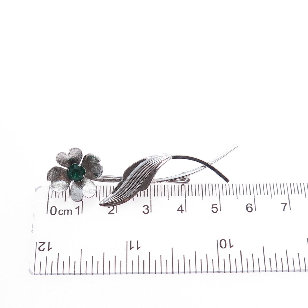 VAN DELL 925 Sterling Silver Vintage Green Rhinestone Flower Pin Brooch