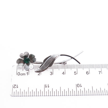 VAN DELL 925 Sterling Silver Vintage Green Rhinestone Flower Pin Brooch