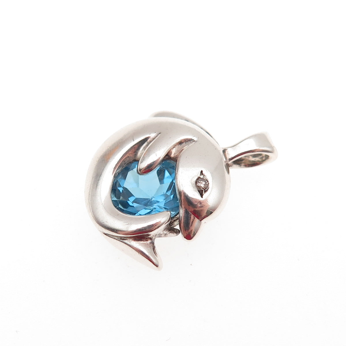 Gorham 925 Sterling Vintage Real Diamond Swiss Blue Topaz Dolphin Mini Pendant