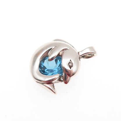 Gorham 925 Sterling Vintage Real Diamond Swiss Blue Topaz Dolphin Mini Pendant