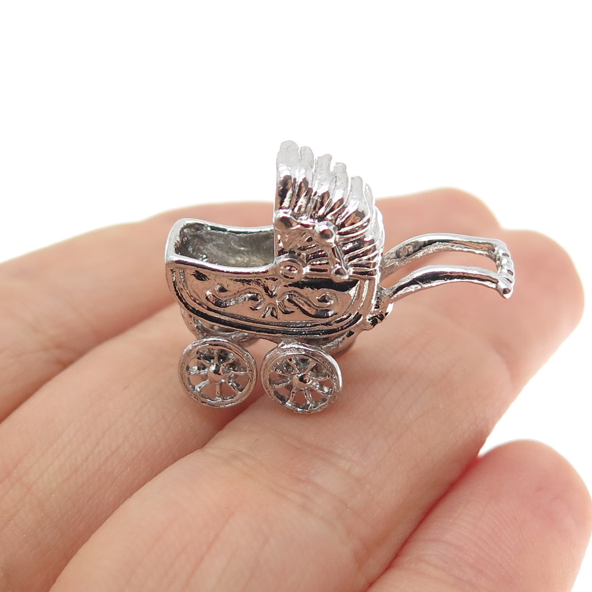925 Sterling Silver Vintage Baby Stroller Mini 3D Charm Pendant