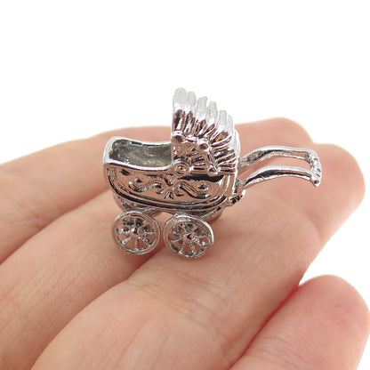 925 Sterling Silver Vintage Baby Stroller Mini 3D Charm Pendant