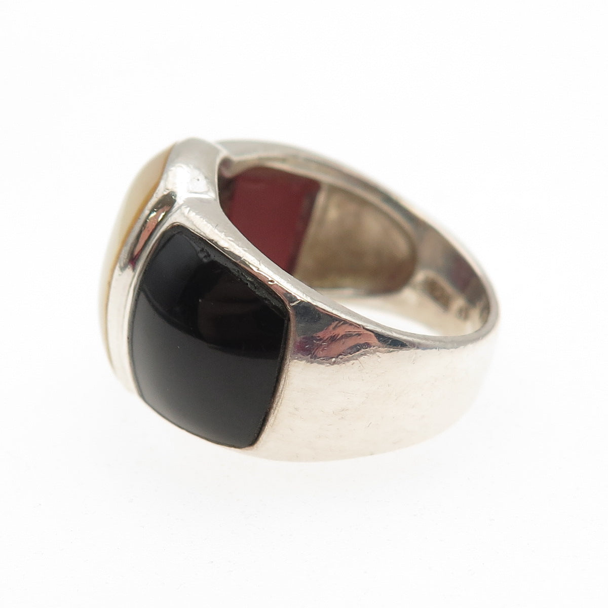 KEN CRAFTS Sterling Silver Vintage Real Black Onyx Carnelian & MOP Ring Size 6.5