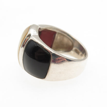 KEN CRAFTS Sterling Silver Vintage Real Black Onyx Carnelian & MOP Ring Size 6.5