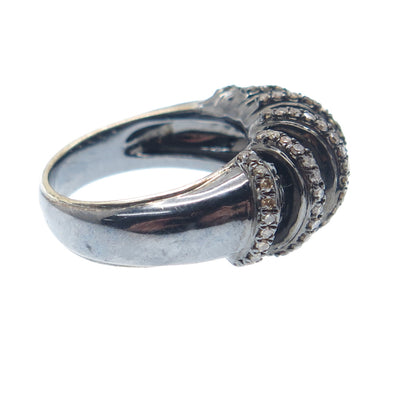 925 Sterling Silver Black Rhodium 2-Tone Real Diamond Twisted Ring Size 7.25