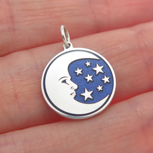 925 Sterling Silver Blue Enamel Man in The Moon Crescent Minimalist Pendant