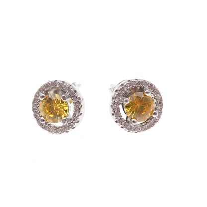 925 Sterling Silver Round-Cut Canary & White C Z Stud Earrings