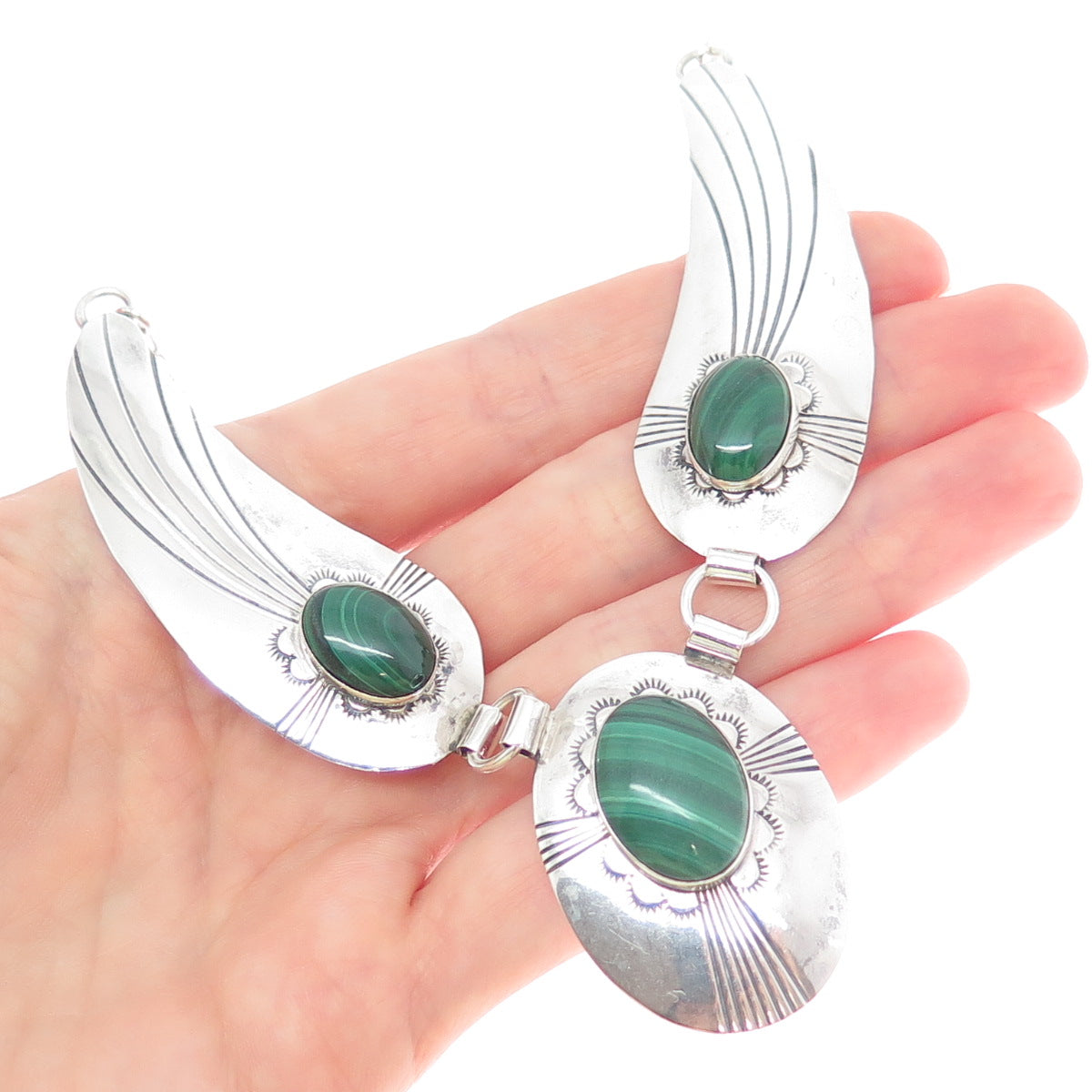 Old Pawn 925 Sterling Silver Vintage Southwestern Malachite Chain Necklace 16"