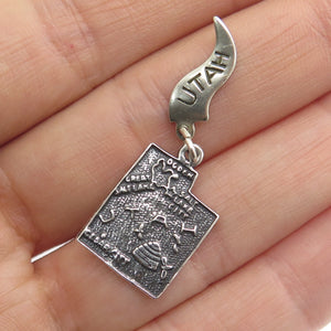 925 Sterling Silver Vintage Utah State Map Oxidized Minimalist Charm Pendant