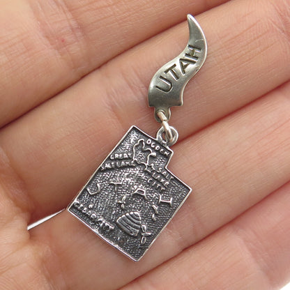 925 Sterling Silver Vintage Utah State Map Oxidized Minimalist Charm Pendant