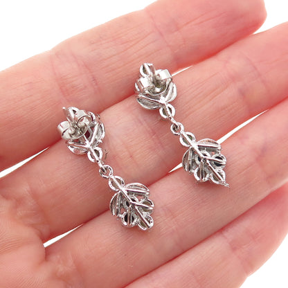 925 Sterling Silver Vintage Real Ruby Emerald & Sapphire Floral Dangle Earrings