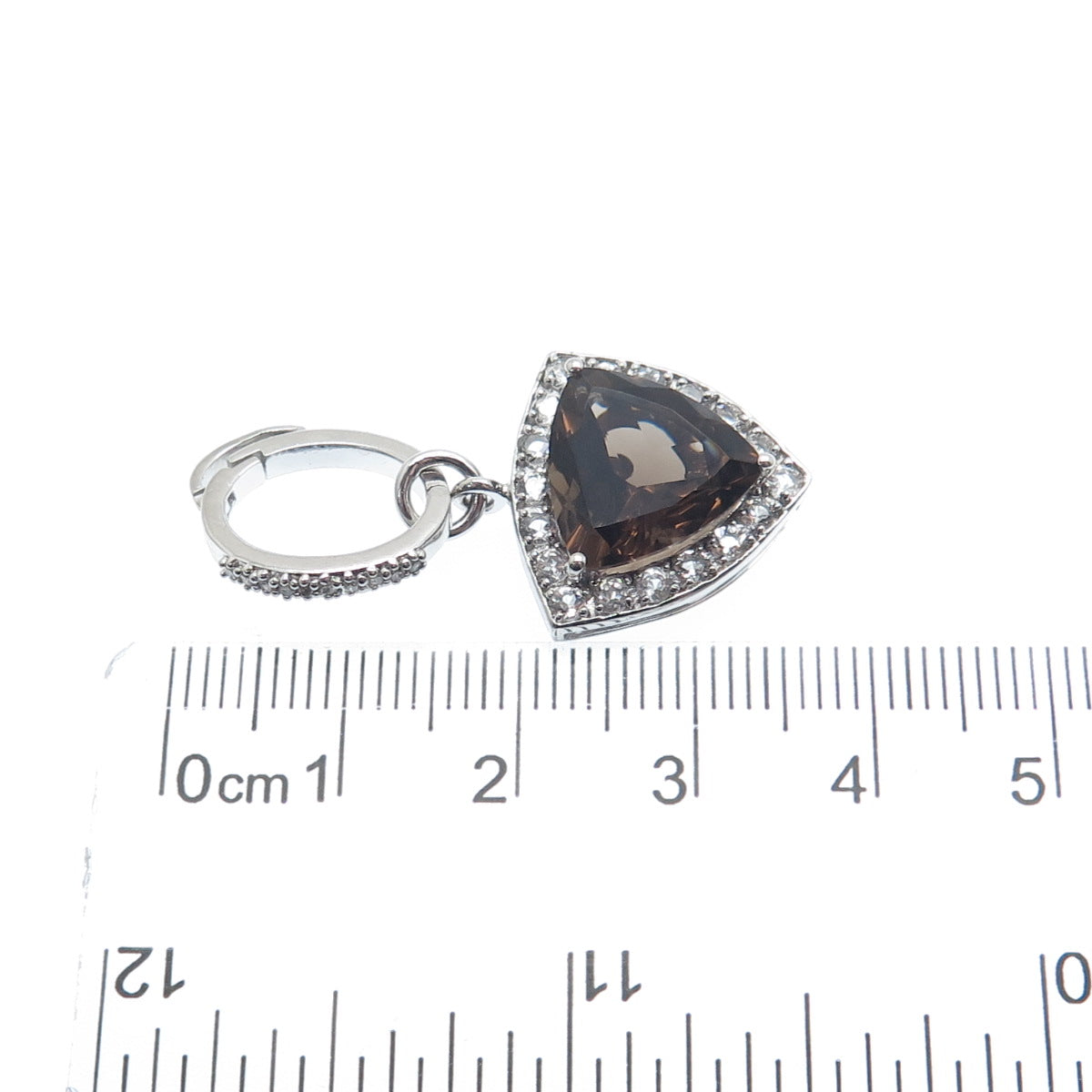 FADI 925 Sterling Silver Real Triangle-Cut Smoky Quartz & Round-Cut C Z Pendant