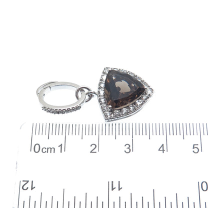 FADI 925 Sterling Silver Real Triangle-Cut Smoky Quartz & Round-Cut C Z Pendant